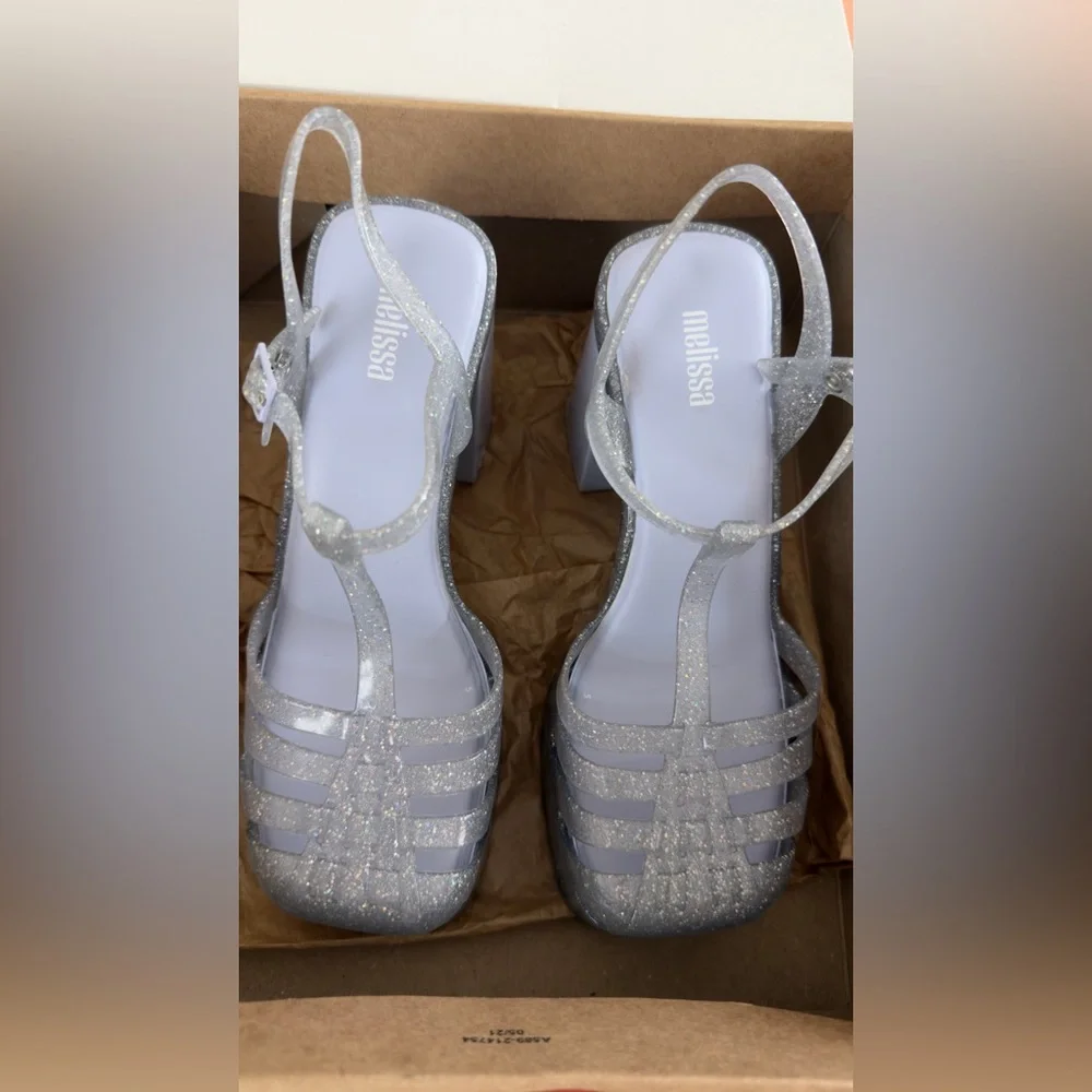 Melissa Party Glitter Clear Jelly Heels Size 6 Silver Sparkle Sandals - Picture 2 of 5
